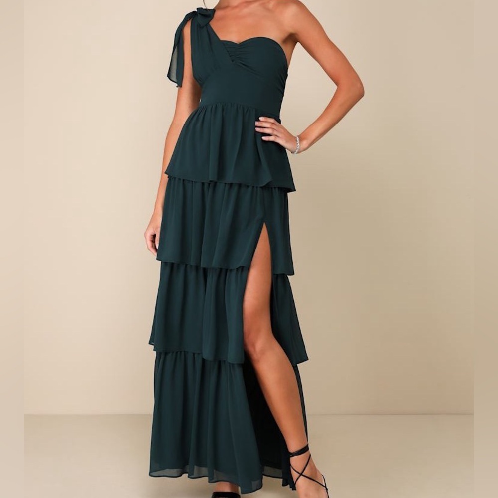 Lulus Elevated Vision Emerald Green One Shoulder Tiered Maxi Dress XL